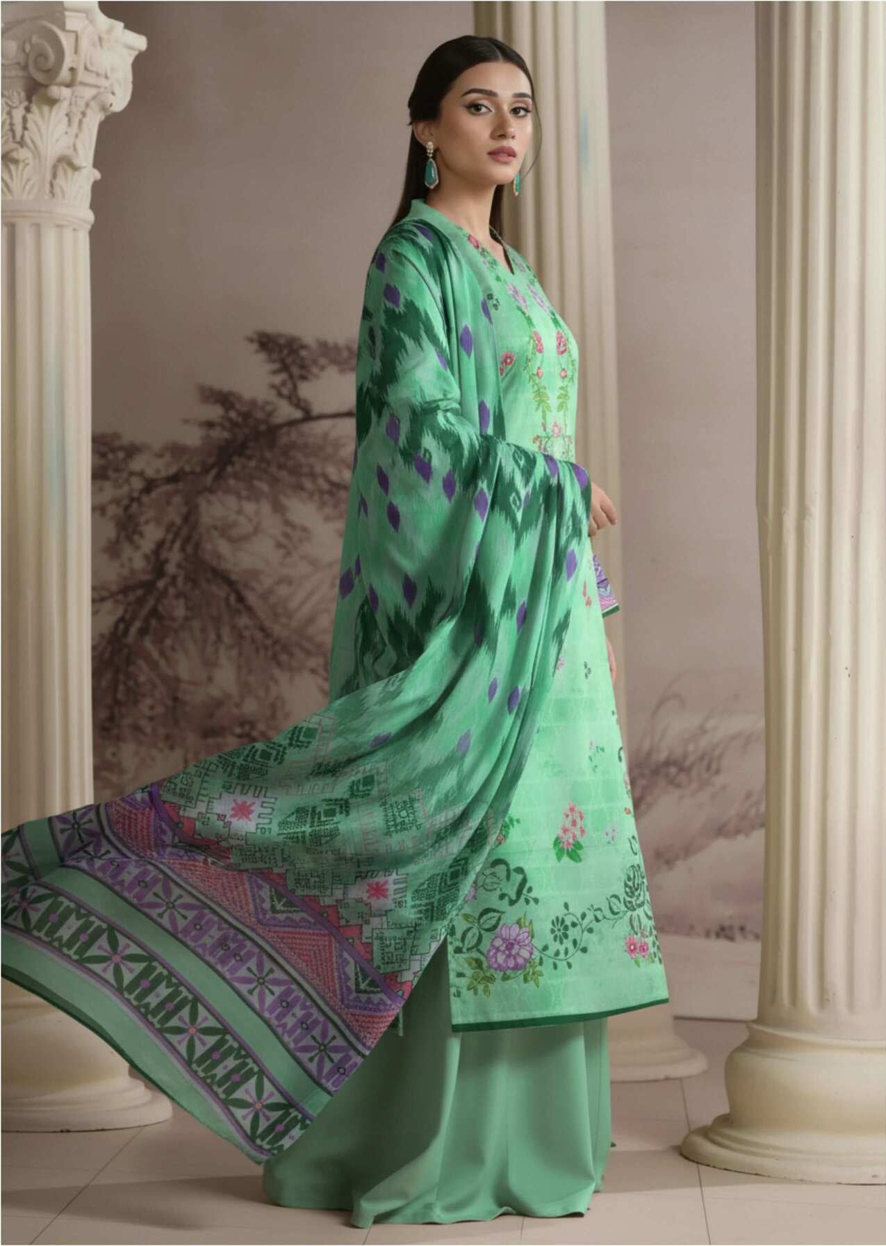 Mint green printed lawn suit, 3-piece Pakistani collection with embroidered top, matching pants, and dupatta, elegant and vibrant.