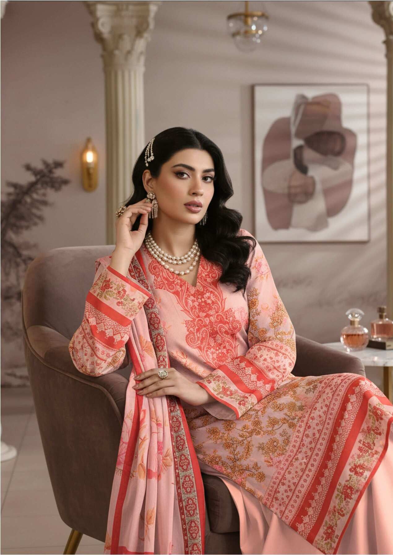 Blush pink printed 3-piece lawn suit with floral design, featuring a kurta, dupatta, and trousers from the Elegant Floral Collection.