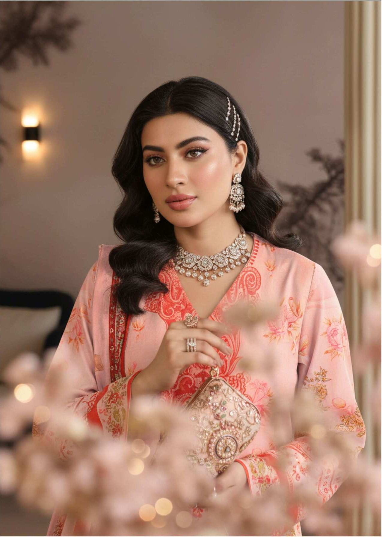 Blush pink printed 3-piece lawn suit featuring floral patterns, with matching dupatta and trousers from the Elegant Floral Collection.