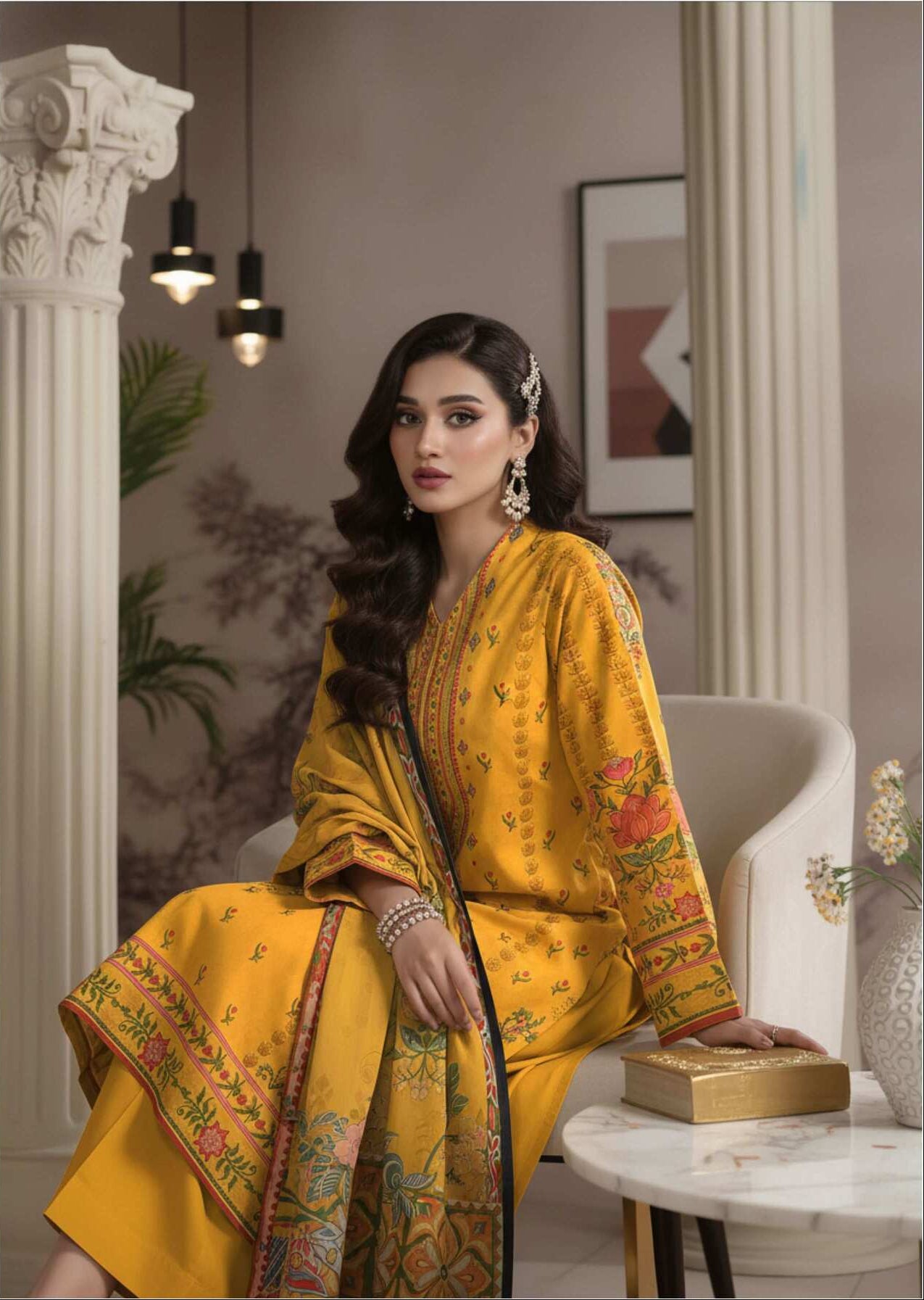 Mustard yellow floral printed 3-piece Pakistani suit with intricate embroidery, showcasing elegant traditional attire.