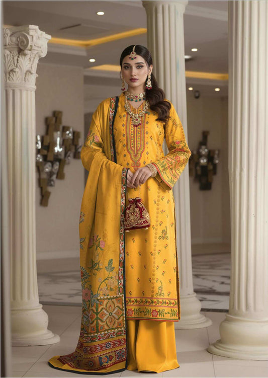 Mustard yellow floral printed 3-piece Pakistani suit with intricate embroidery and matching dupatta, designed by My Store.