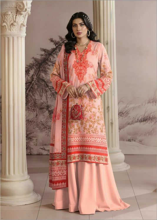 Blush pink printed 3-piece lawn suit from the Elegant Floral Collection, featuring floral patterns and traditional design elements.