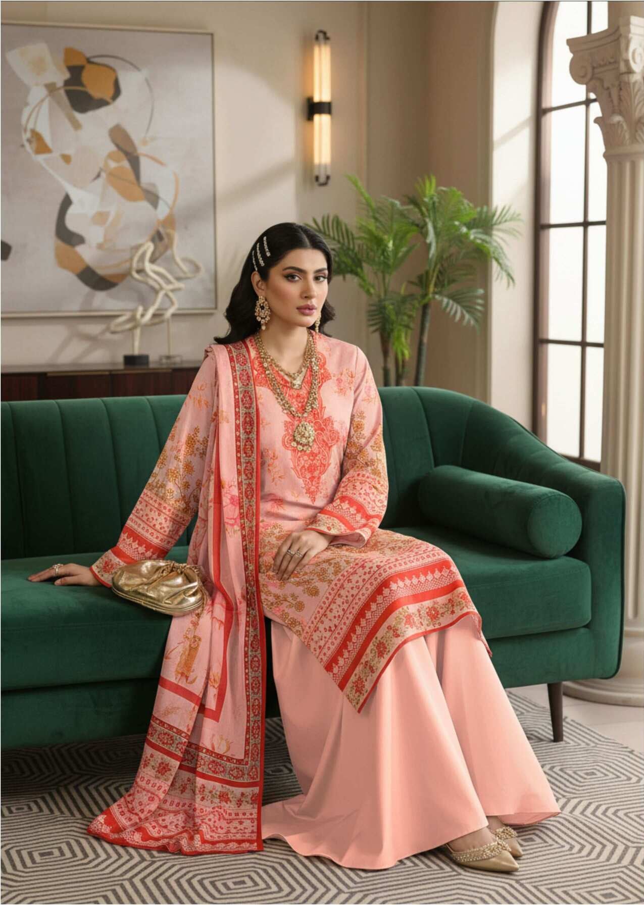Blush pink printed 3-piece lawn suit from the Elegant Floral Collection, featuring floral patterns and traditional design elements.
