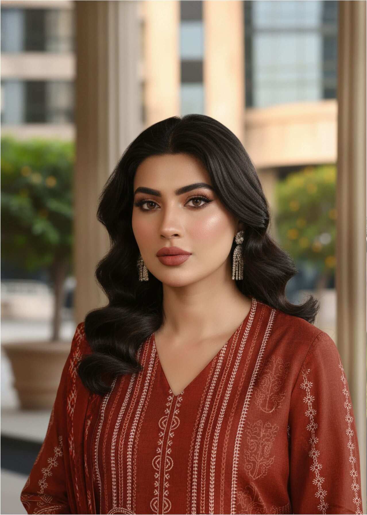 Rust brown embroidered 3-piece Pakistani suit with intricate designs, featuring a matching top, trousers, and dupatta.