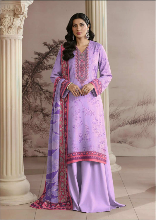 Elegant lavender purple 3-piece suit from Pakistani collection, featuring intricate embroidery and stylish fabric details.