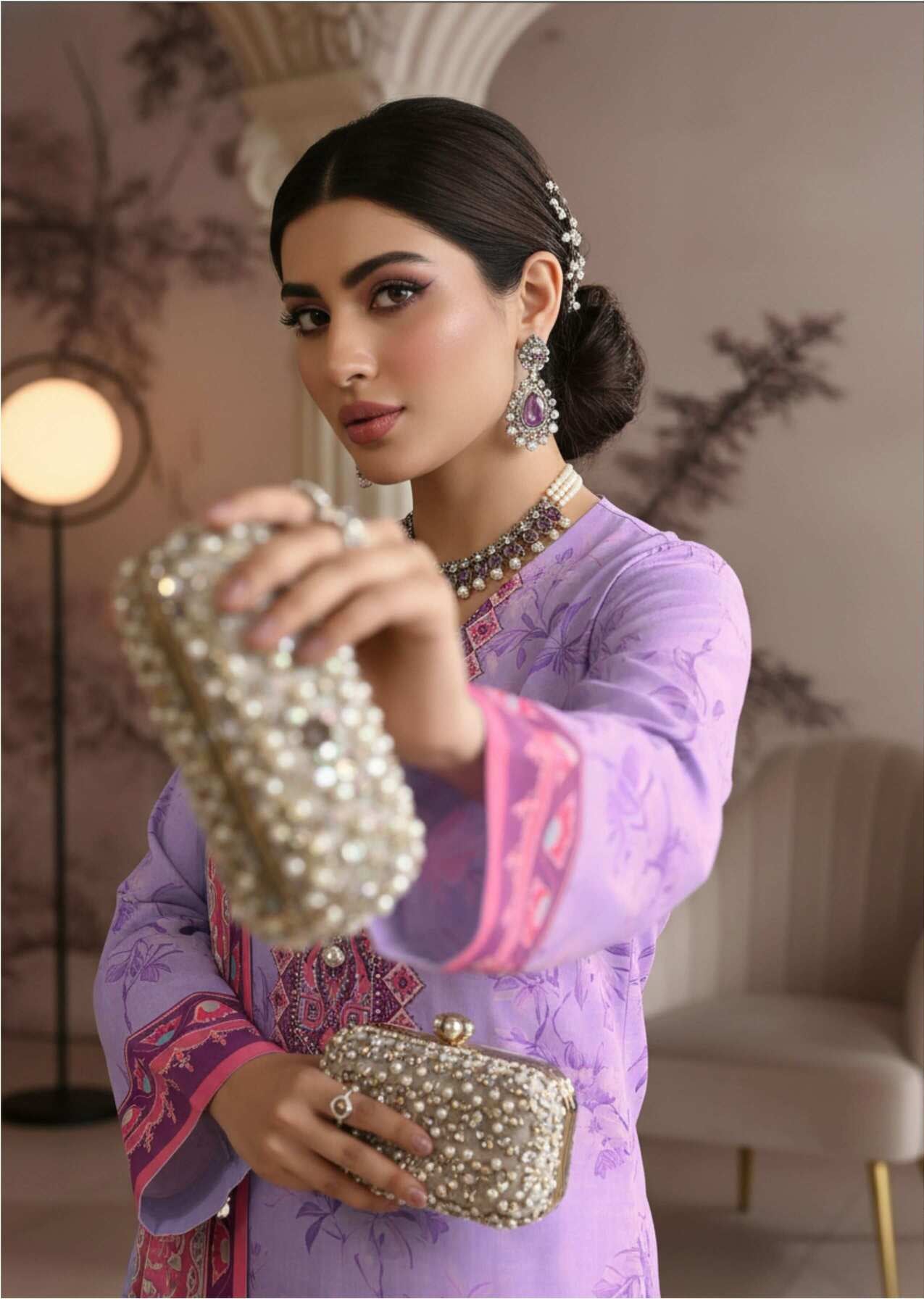 Elegant lavender purple 3-piece suit from Pakistani collection, featuring traditional embroidery and tailored fit.