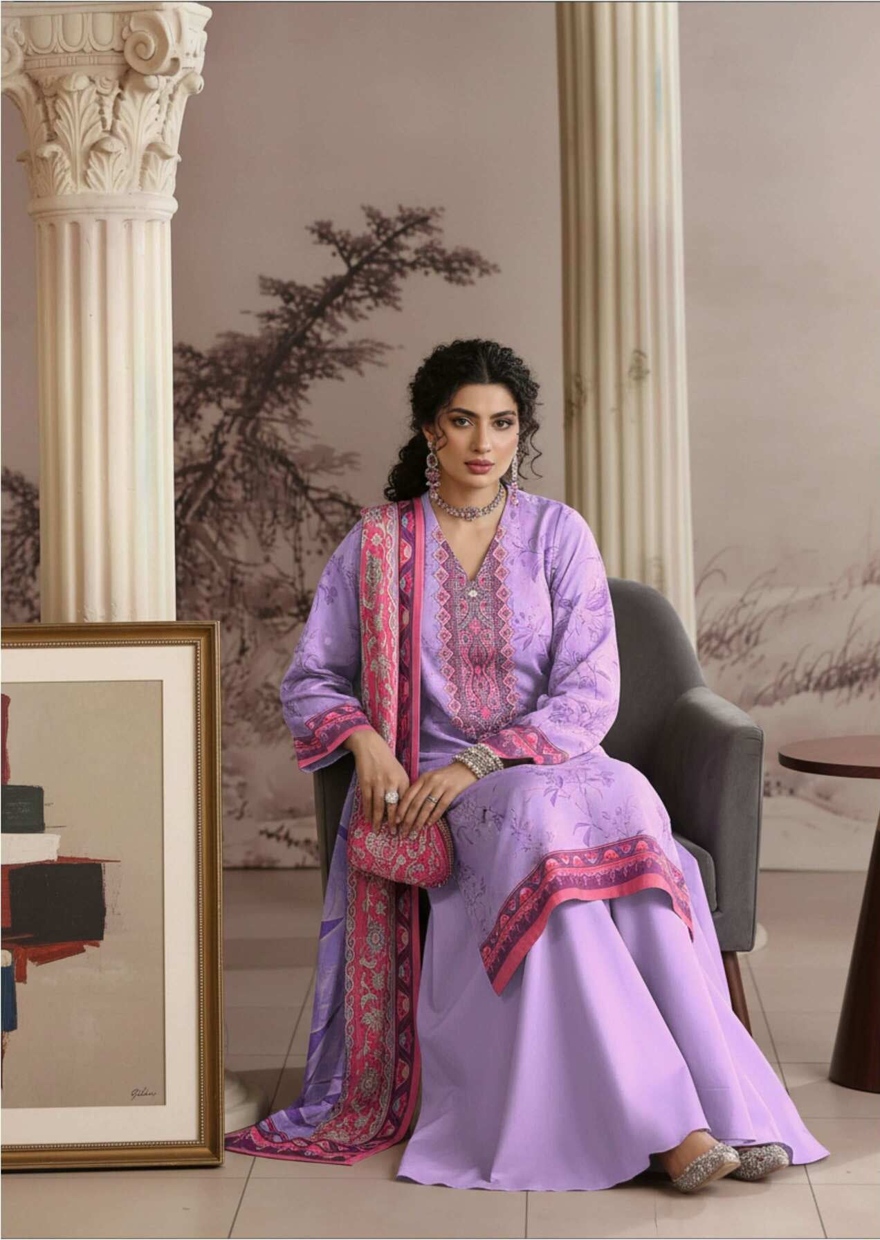 Elegant lavender purple 3-piece suit from the Pakistani collection, featuring traditional design and premium fabric.