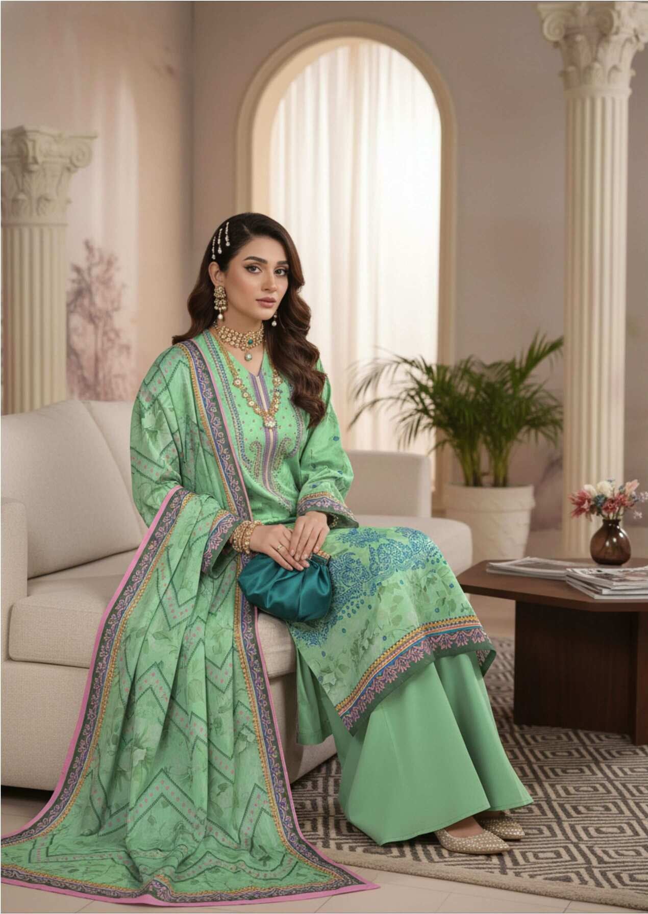 Mint green printed 3-piece Pakistani suit with intricate design, featuring a matching kurta, dupatta, and trousers from My Store.