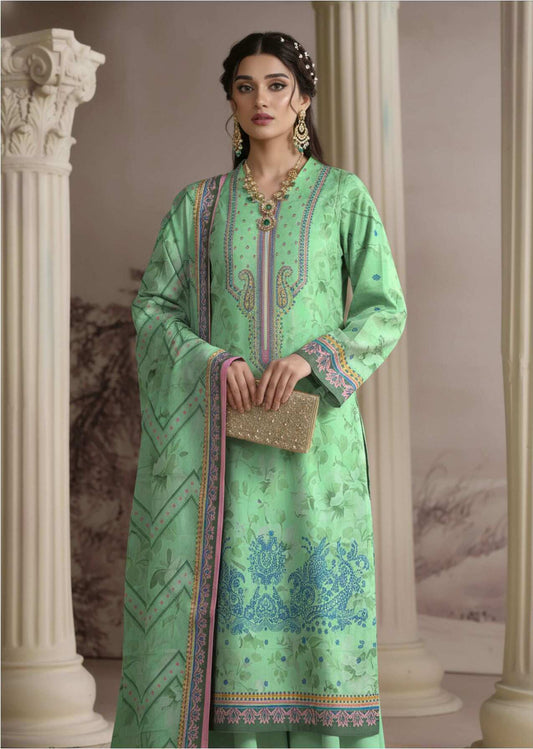 Elegant mint green printed 3-piece Pakistani suit with intricate designs, featuring a matching kurta, dupatta, and pants.