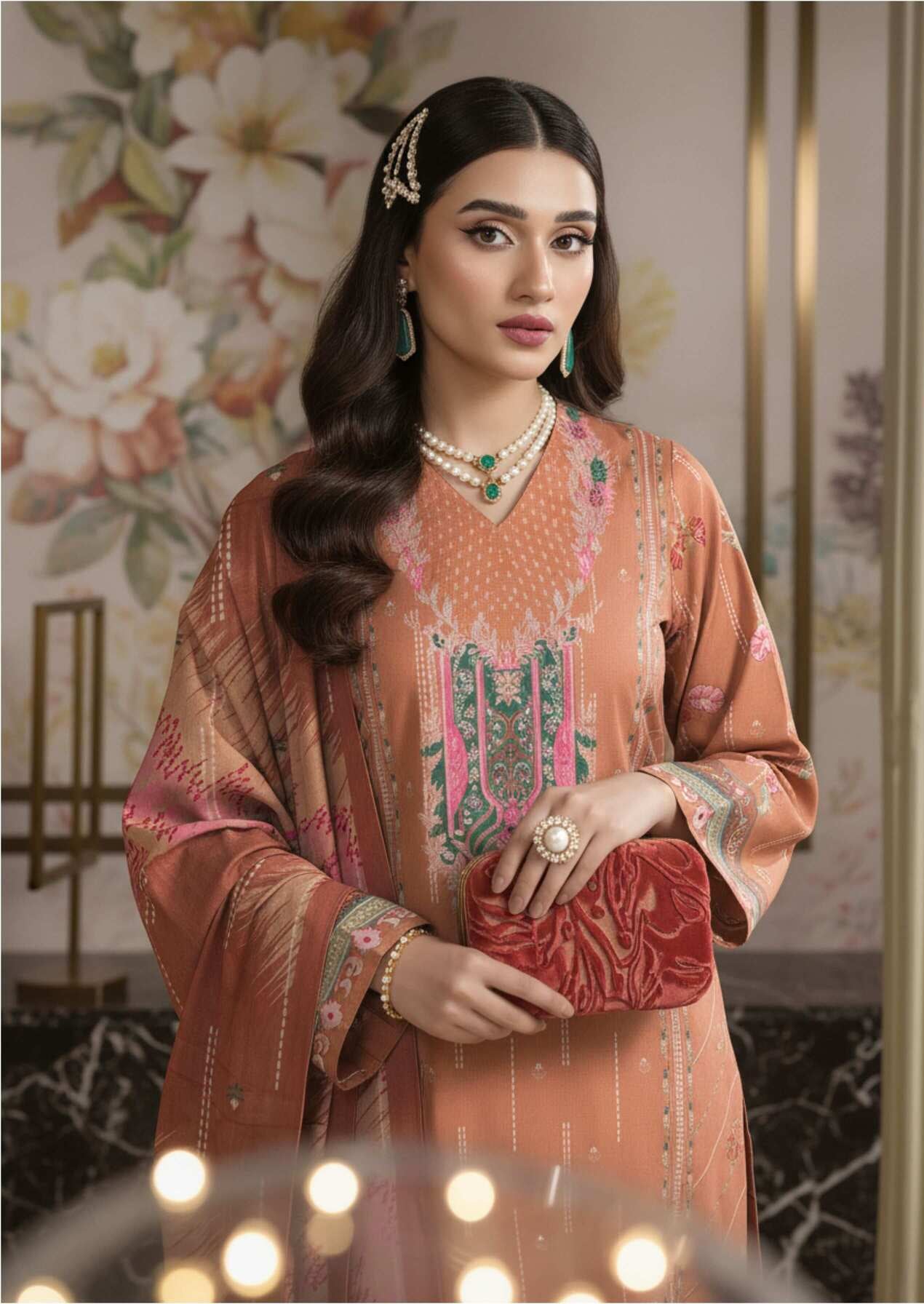 Elegant peach printed 3-piece Pakistani suit with intricate design, featuring a matching kurta, dupatta, and trousers.