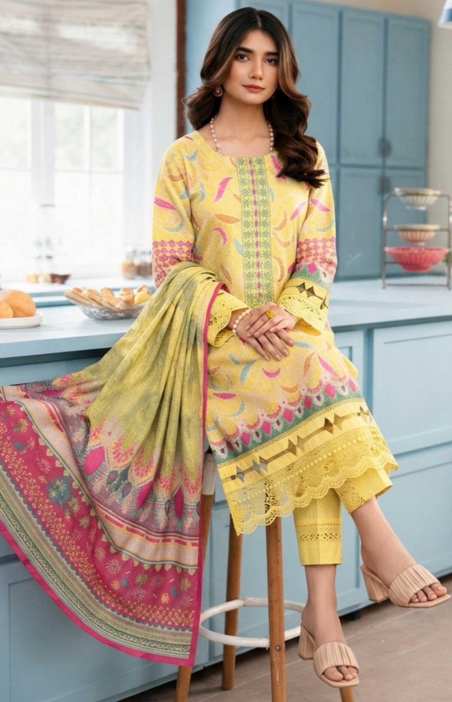 Noreya Loom Sunshine yellow printed 3-piece suit, elegant winter attire with intricate design and stylish fabric.