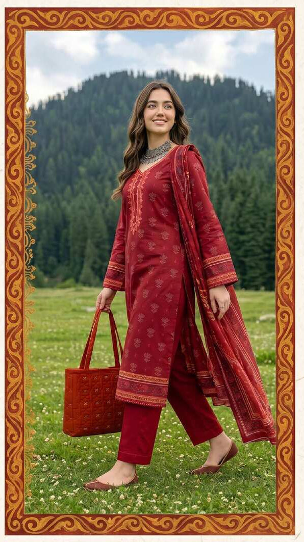 Deep maroon printed 3-piece suit from the Elegant Heritage Collection, featuring intricate patterns and tailored fit.