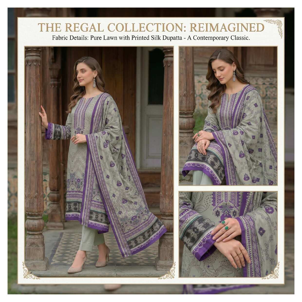 Opal Green and Purple printed 3-piece suit from My Store's Opal Harmony Collection, featuring floral designs and matching fabric.