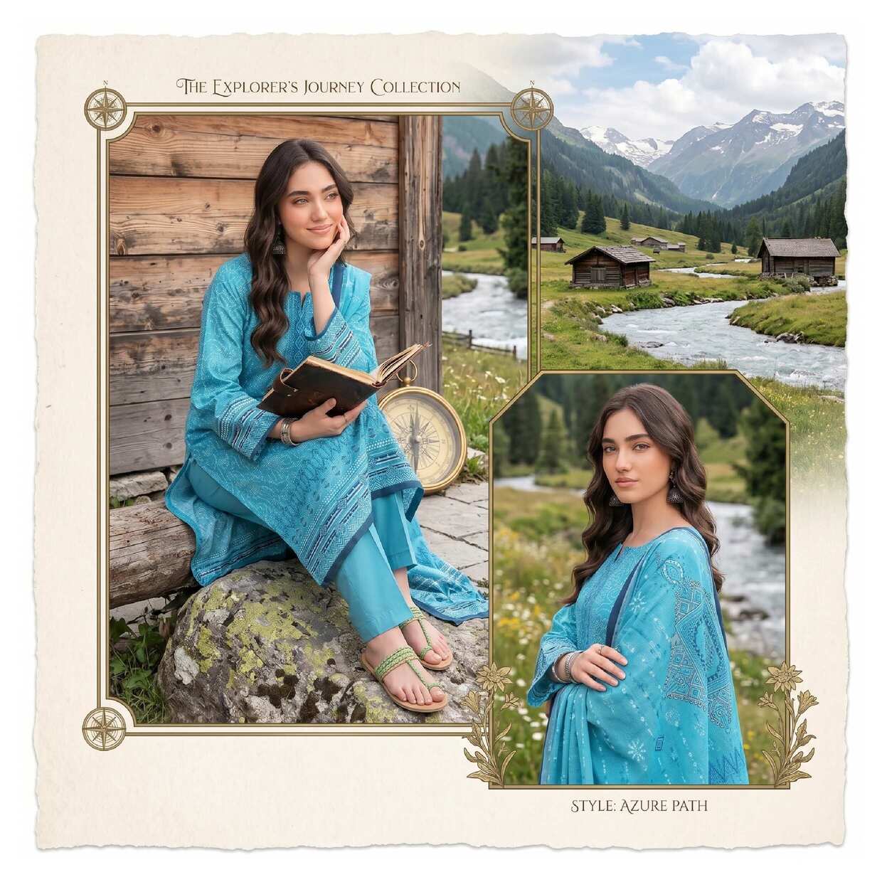 Azure blue printed 3-piece suit from the Elegant Azure Path Collection, featuring a stylish blazer, trousers, and matching shirt by My Store.