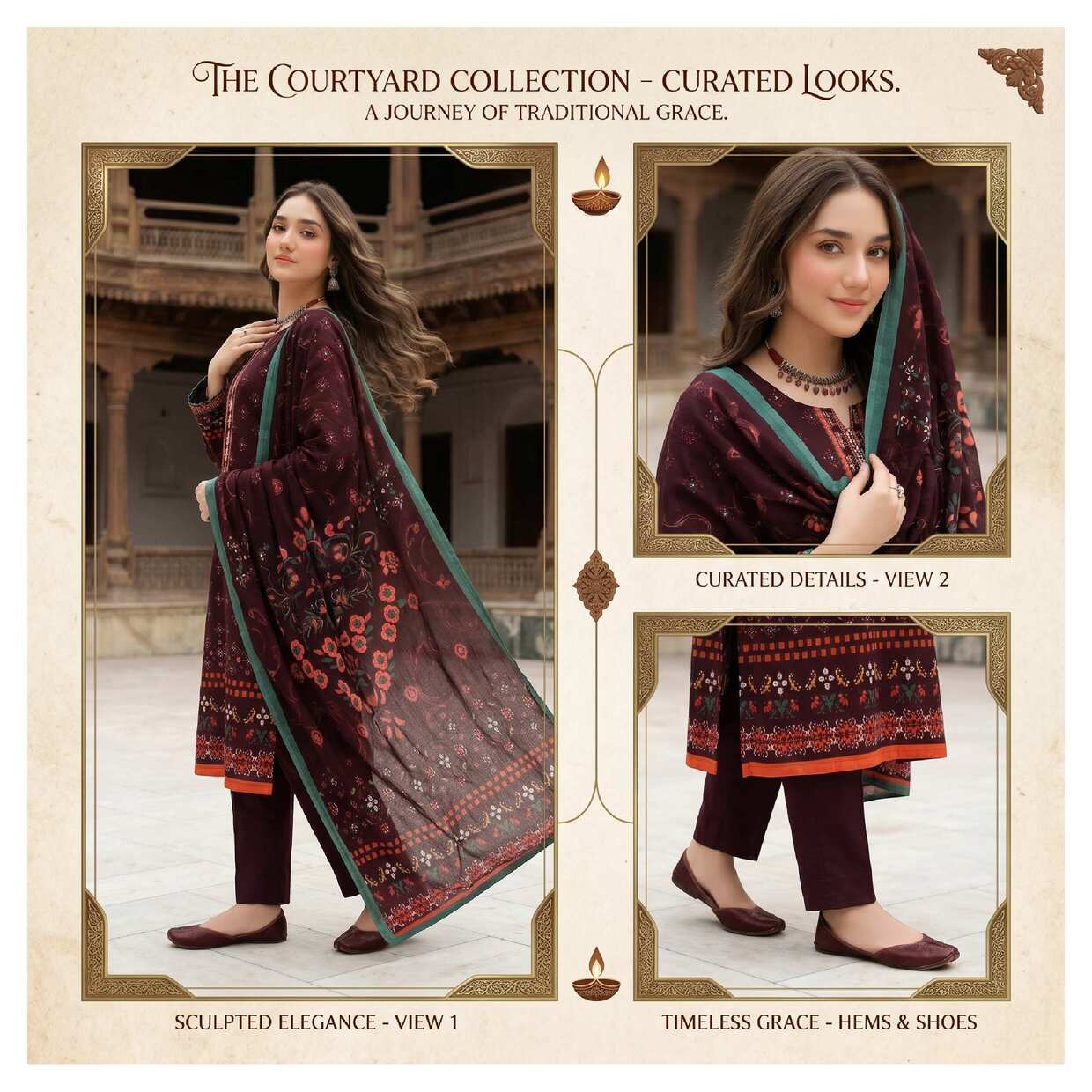 Royal maroon printed 3-piece suit from Majestic Harmony Collection featuring intricate patterns and tailored fit.