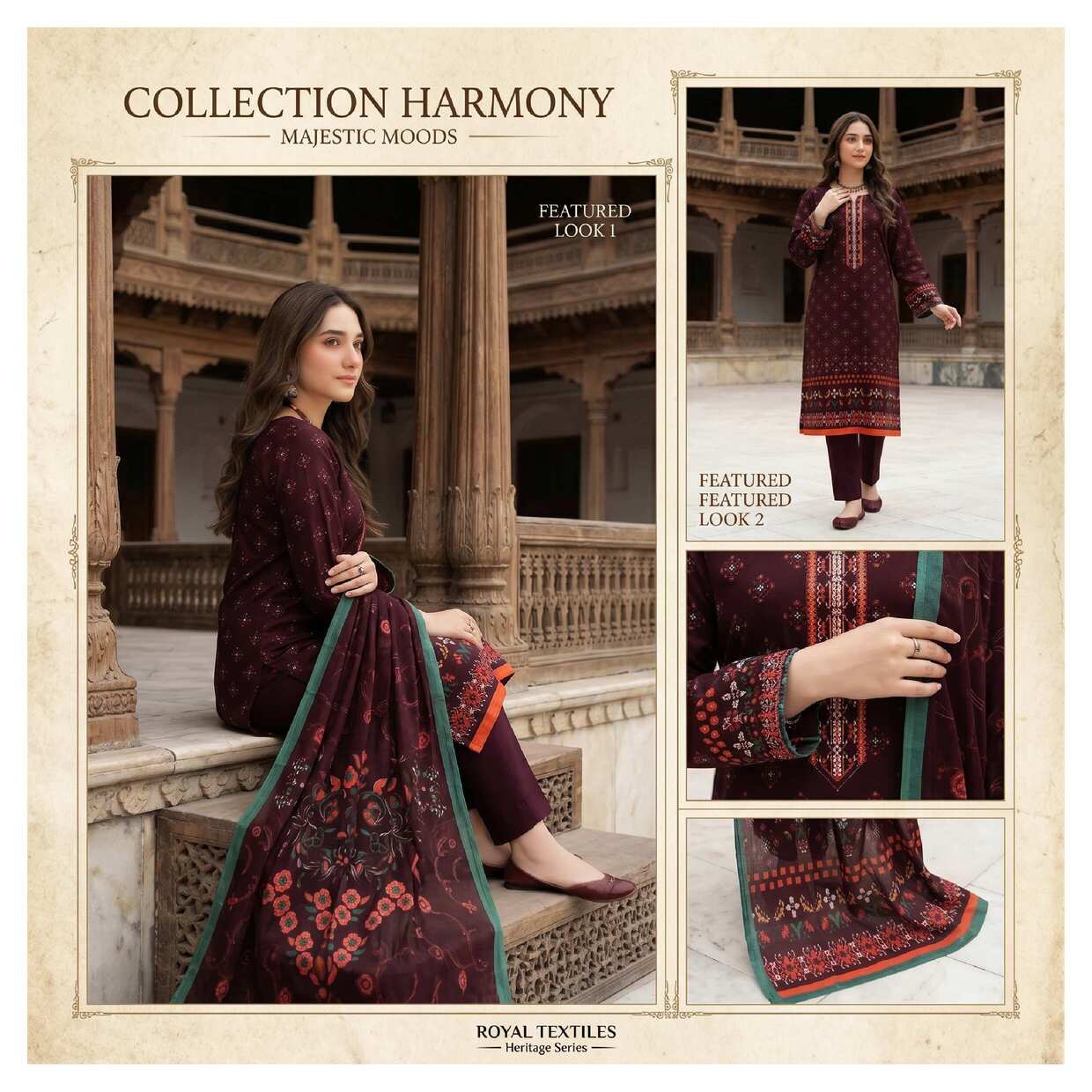 Royal maroon printed 3-piece suit from Majestic Harmony Collection, featuring intricate patterns and tailored fit.