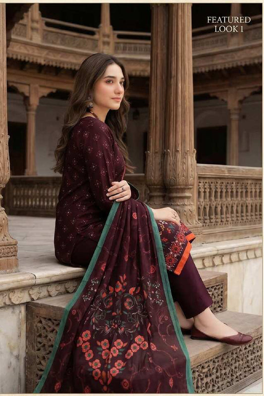 Royal maroon printed 3-piece suit from Majestic Harmony Collection, featuring intricate patterns and tailored fit.