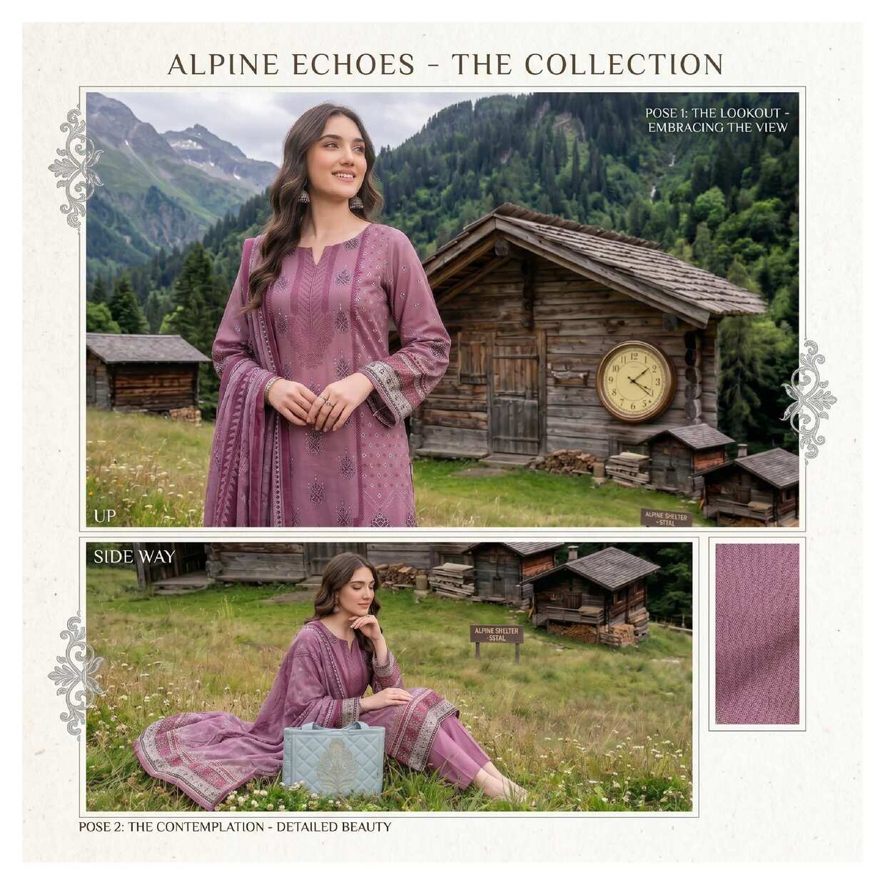 Dusty mauve printed 3-piece suit from the SS TAL Collection by My Store, featuring elegant fabric and stylish design.