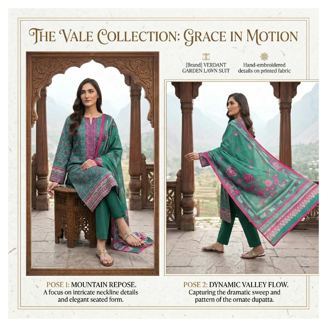 My Store Verdant Garden Green 3-piece lawn suit from the Grace in Motion collection, featuring vibrant green fabric and stylish design.