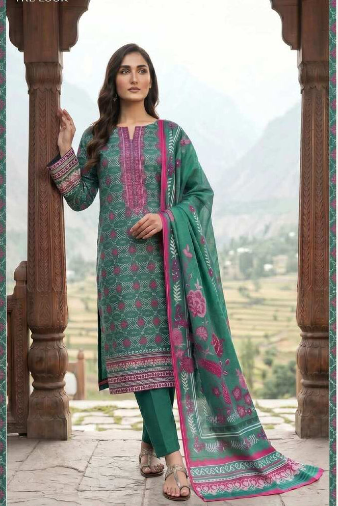 My Store Verdant Garden Green 3-piece lawn suit from the Grace in Motion Collection, featuring a green top, pants, and matching accessories.