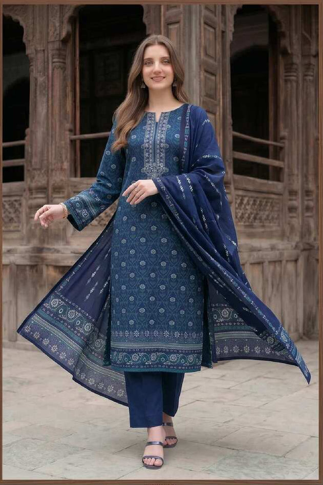 Regal Indigo printed 3-piece lawn suit by My Store featuring navy blue fabric with intricate patterns and matching dupatta.