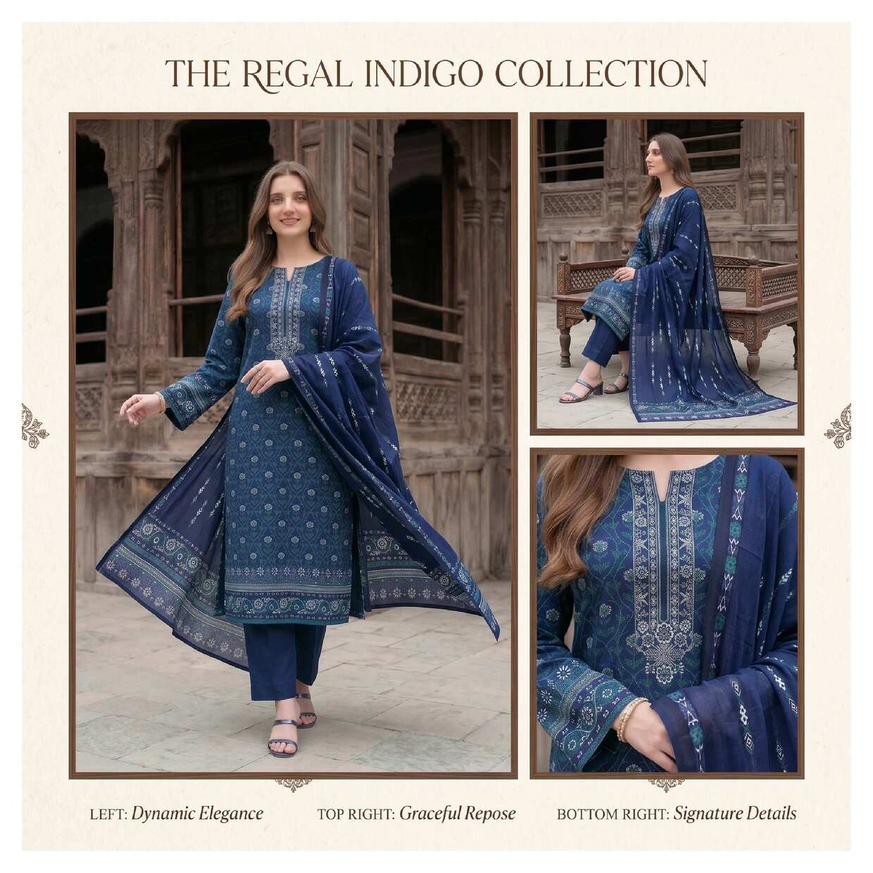 Regal Indigo printed 3-piece lawn suit in navy blue with intricate designs, featuring a kurta, dupatta, and matching trousers.