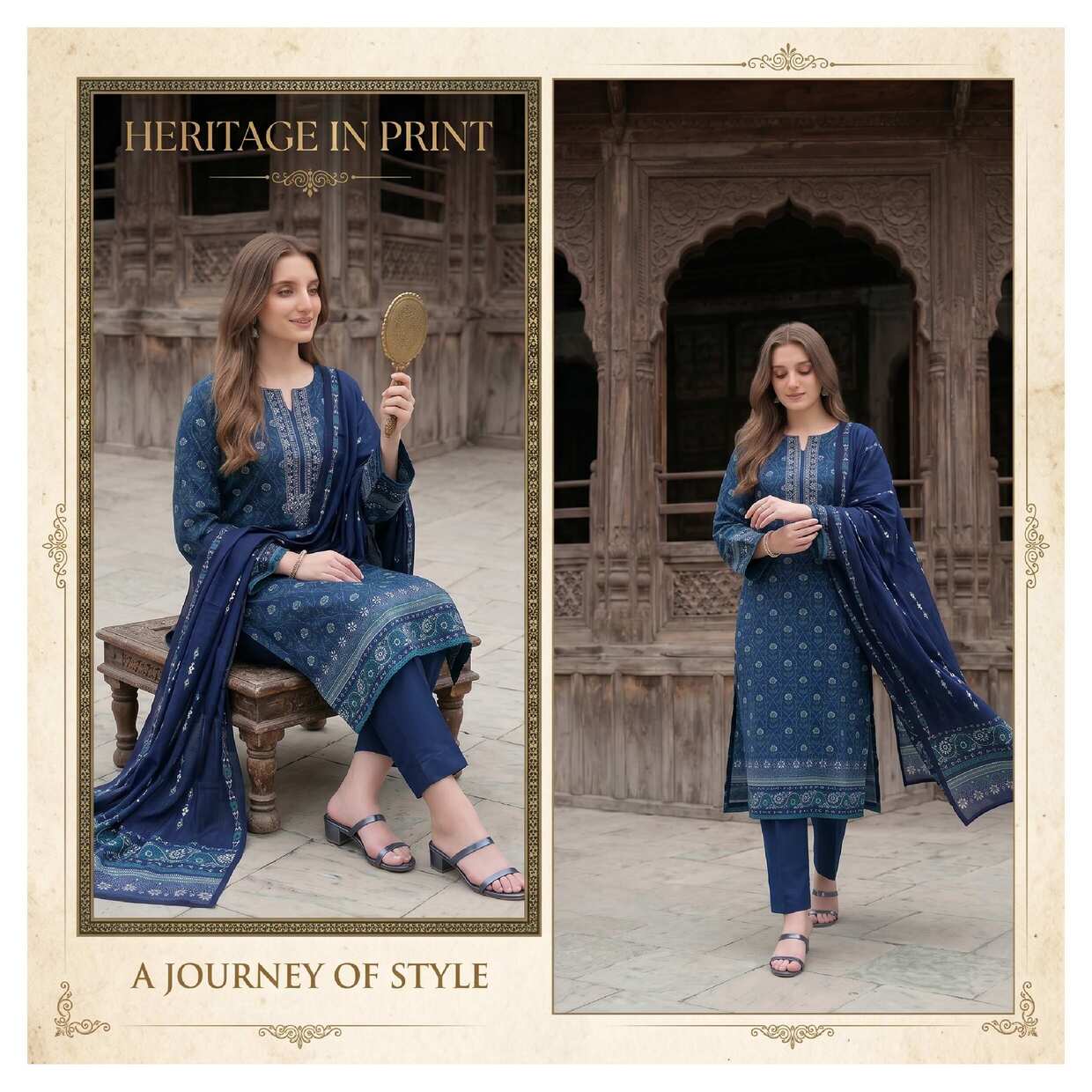 Regal Indigo printed 3-piece lawn suit in navy blue with intricate design, featuring top, trousers, and dupatta from My Store.