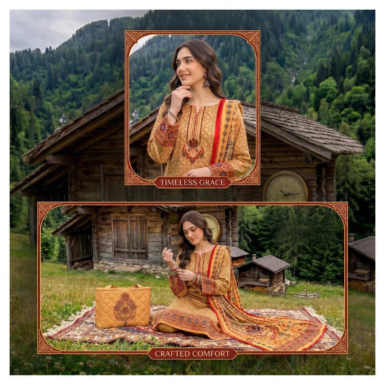 Mustard printed 3-piece suit from Traditional Heritage Collection, featuring intricate patterns and tailored fit.