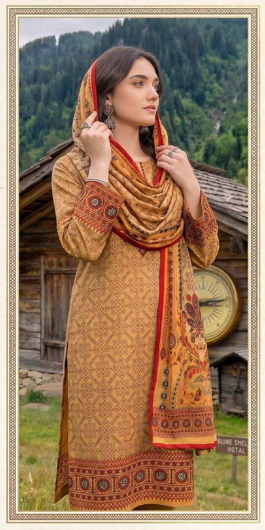 Mustard printed 3-piece traditional heritage suit by My Store, featuring intricate patterns and classic tailoring.