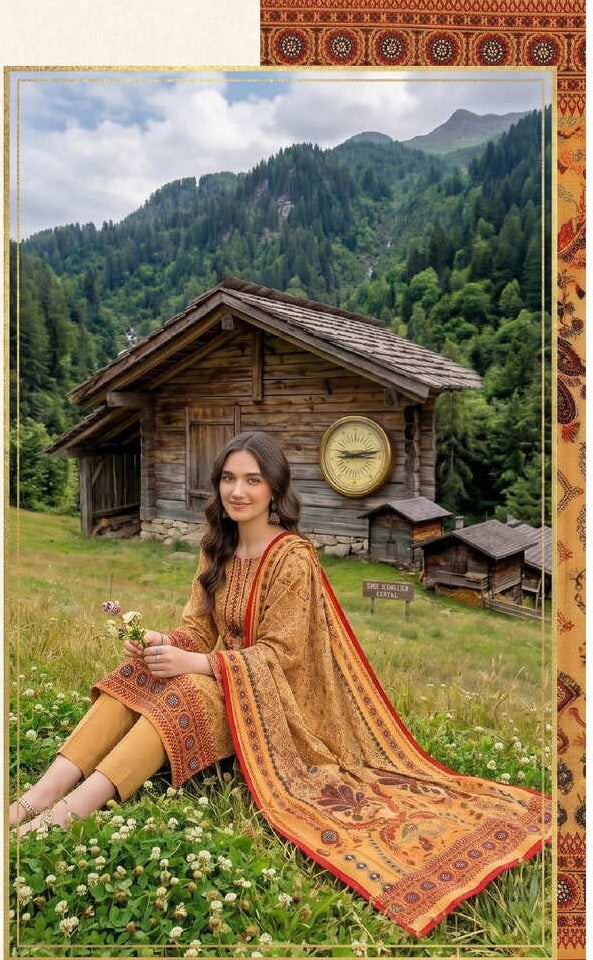 Mustard printed 3-piece suit from Traditional Heritage Collection featuring intricate patterns and tailored fit.