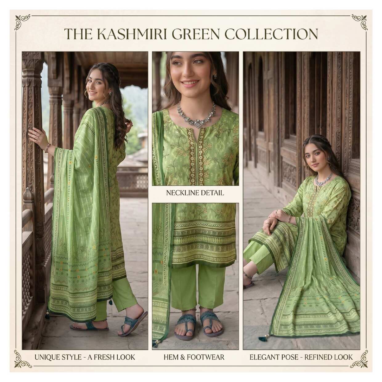 Kashmiri Green Printed 3-Piece Suit from the Elegant Heritage Collection, featuring traditional design and vibrant fabric details.