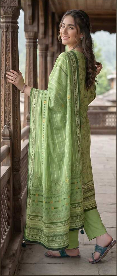 Kashmiri Green Printed 3-Piece Suit from Heritage Collection, featuring traditional embroidery and vibrant design in natural fabric