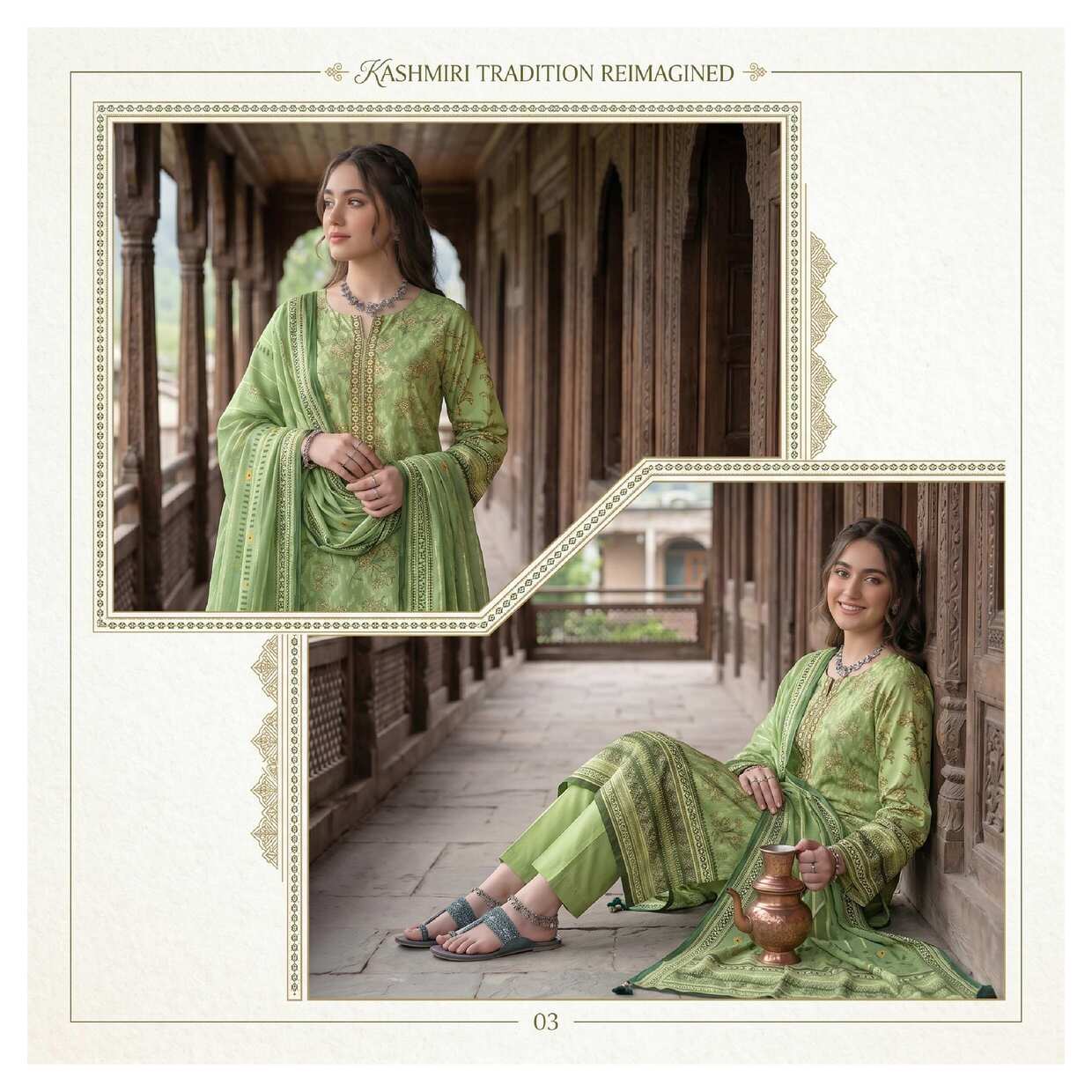 Kashmiri green printed 3-piece suit from the Elegant Heritage Collection, featuring traditional patterns and intricate design details.