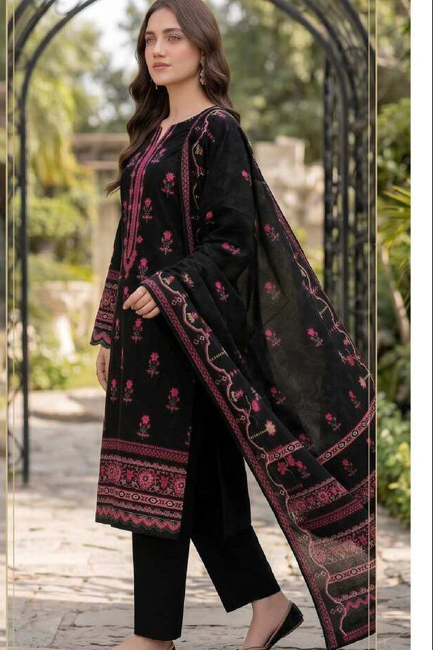 Black and pink embroidered 3-piece suit from the Elegant Mehak Collection, featuring detailed embroidery and traditional design.