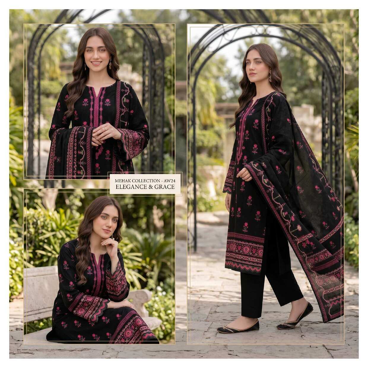 Black and pink embroidered 3-piece suit from the Elegant Mehak Collection, featuring detailed embroidery and traditional design.