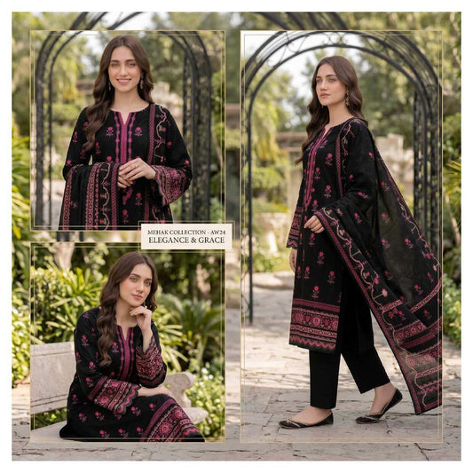 Black and pink embroidered 3-piece suit from the Elegant Mehak Collection, featuring detailed embroidery and traditional design.