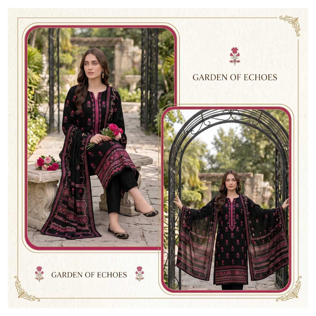 Black and pink embroidered 3-piece suit from Elegant Mehak Collection featuring detailed embroidery and traditional design.