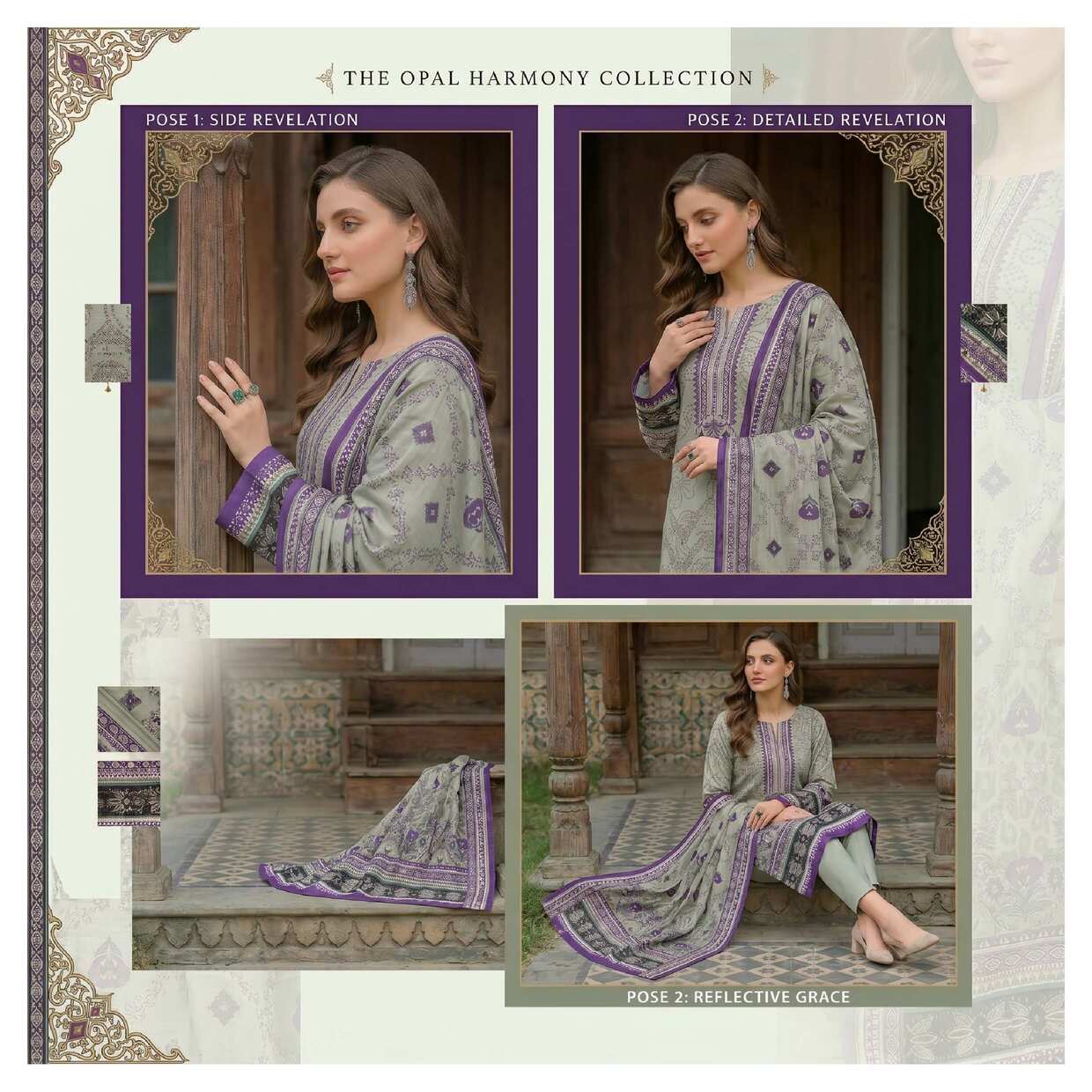 Opal Green and Purple printed 3-piece suit from My Store's Opal Harmony Collection, featuring intricate patterns and elegant fabric.