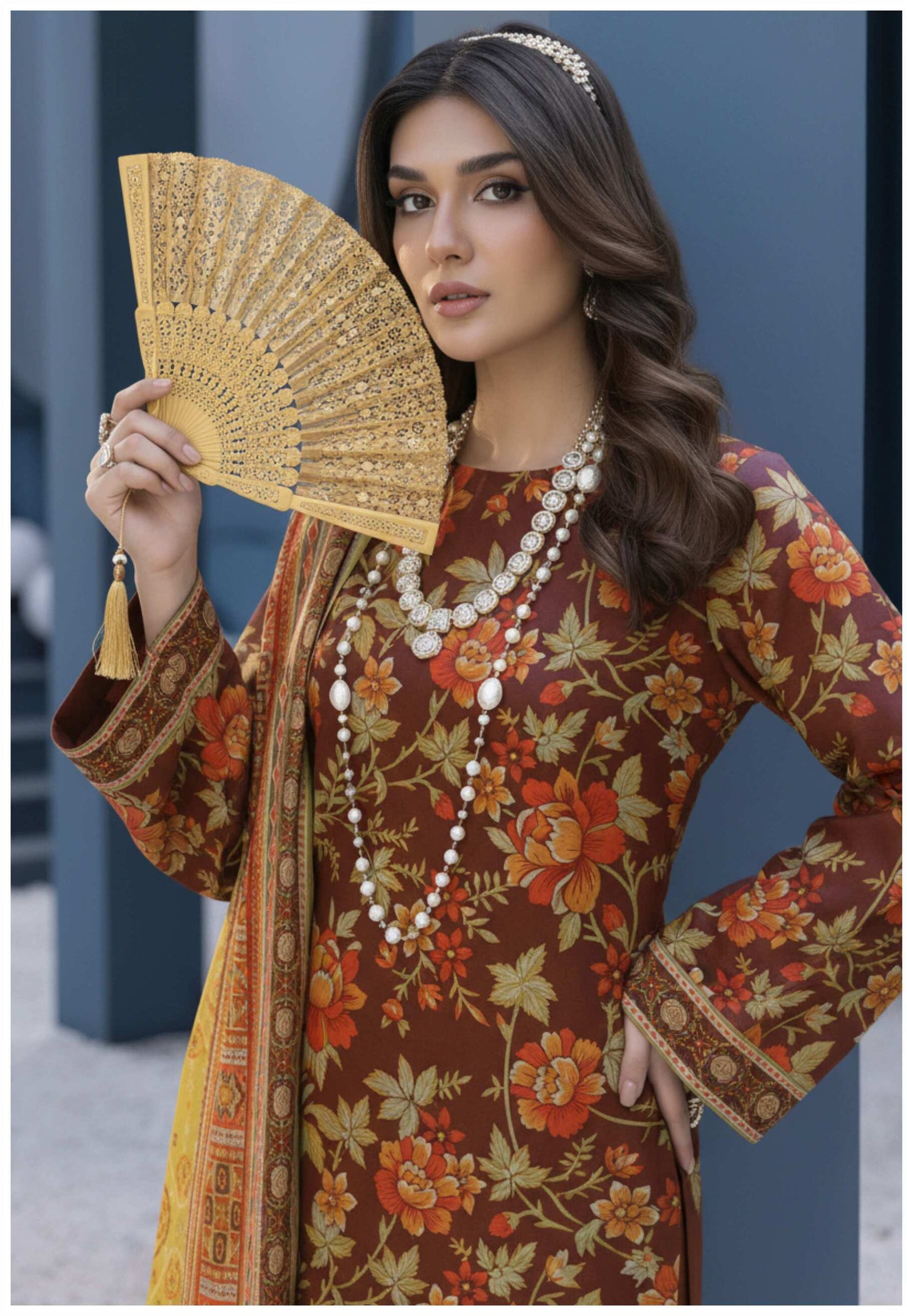 Maroon floral printed 3-piece suit with matching mustard printed dupatta, stylish traditional attire from My Store.