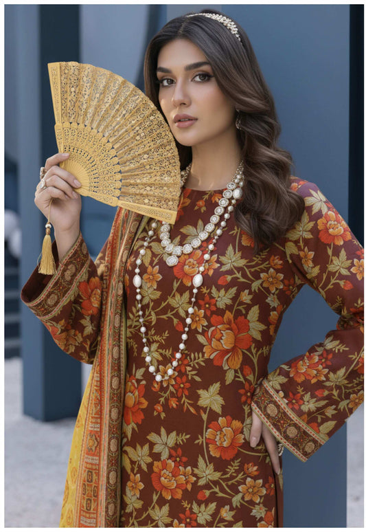 Maroon floral printed 3-piece suit with matching mustard printed dupatta, stylish traditional attire from My Store.