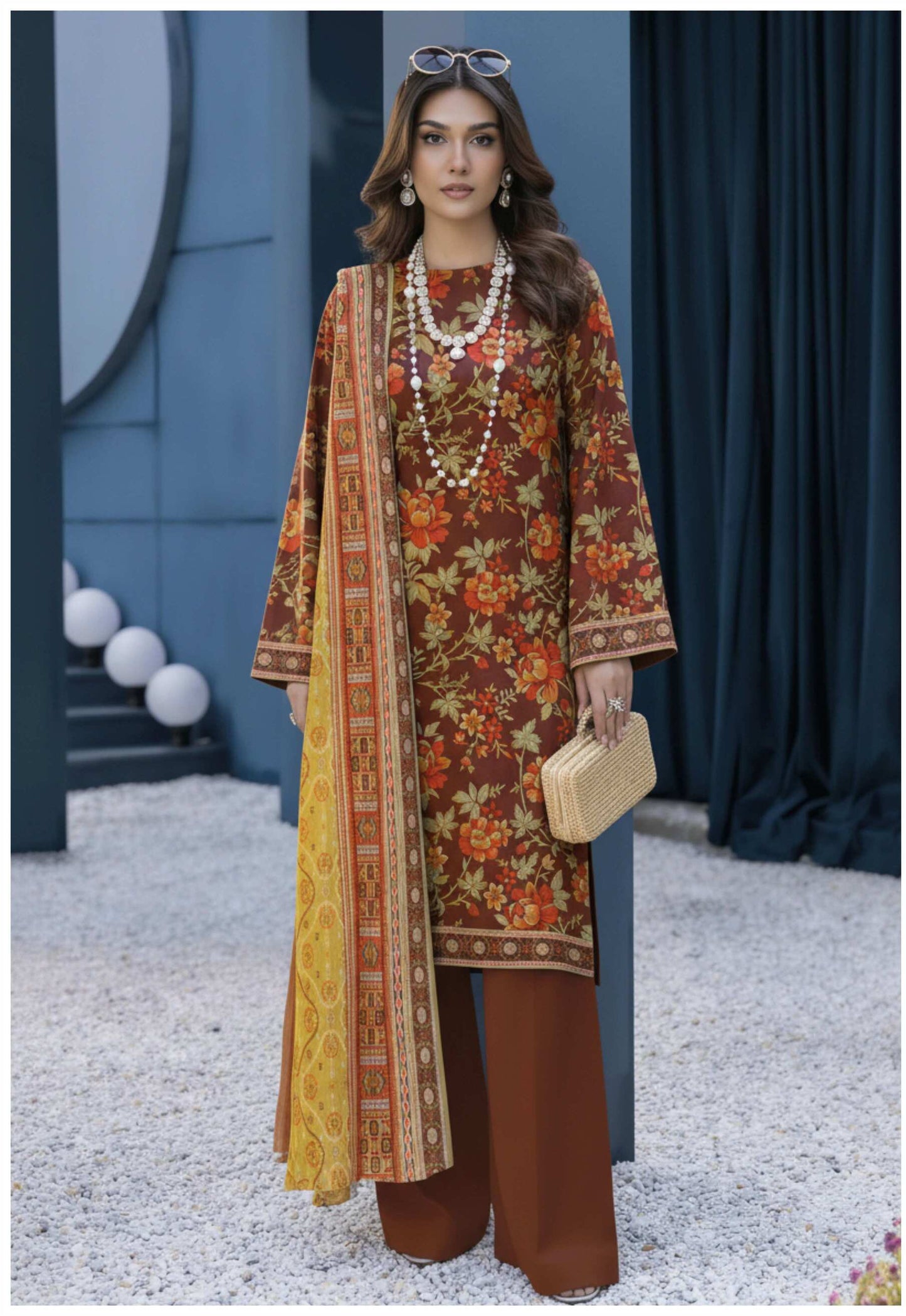 Maroon floral printed 3-piece suit with matching mustard printed dupatta, showcasing intricate patterns and traditional style.