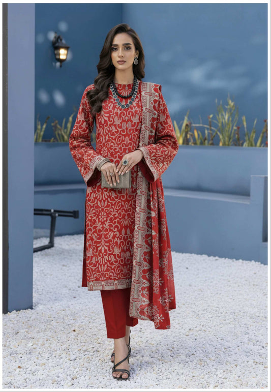 Elegant red printed 3-piece lawn suit with embroidered dupatta, featuring intricate designs and vibrant fabric details.