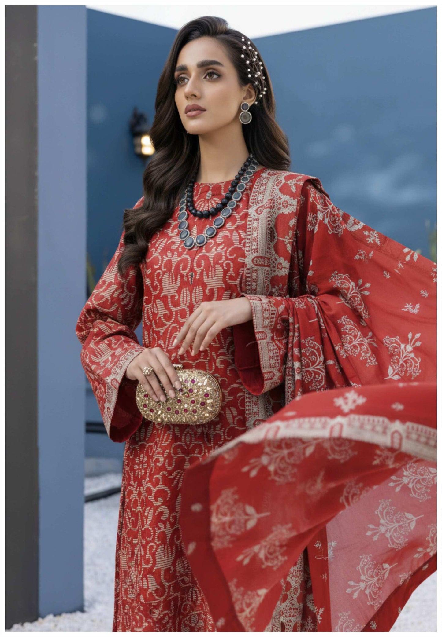 Elegant red printed 3-piece lawn suit with embroidered dupatta, featuring intricate embroidery and vibrant fabric from My Store.