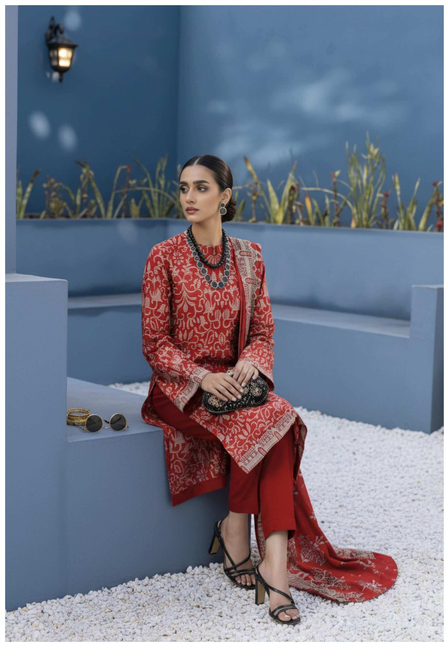 Elegant red printed 3-piece lawn suit with embroidered dupatta, featuring intricate embroidery and vibrant fabric from My Store.