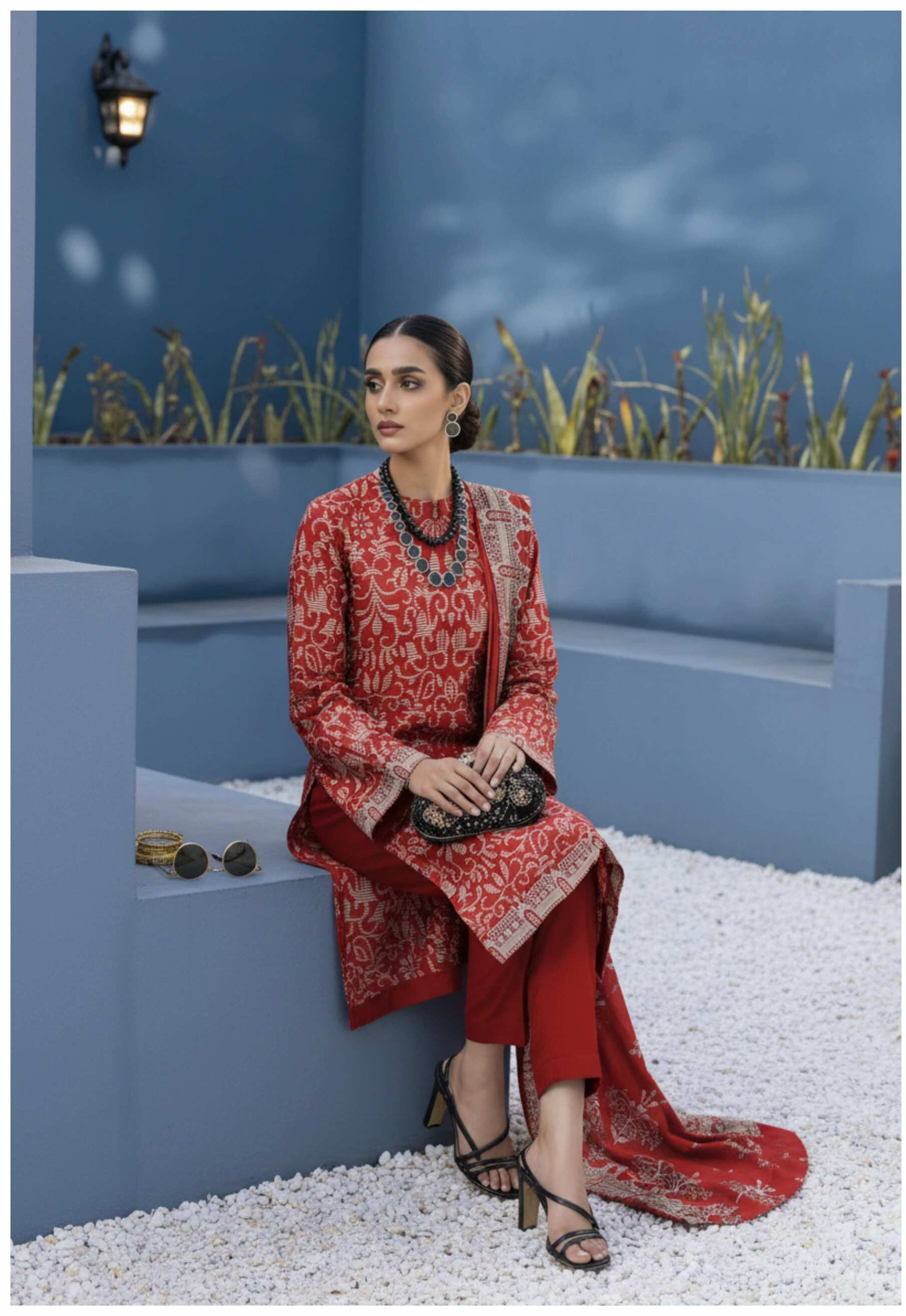 Elegant red printed 3-piece lawn suit with embroidered dupatta, featuring intricate embroidery and vibrant fabric from My Store.