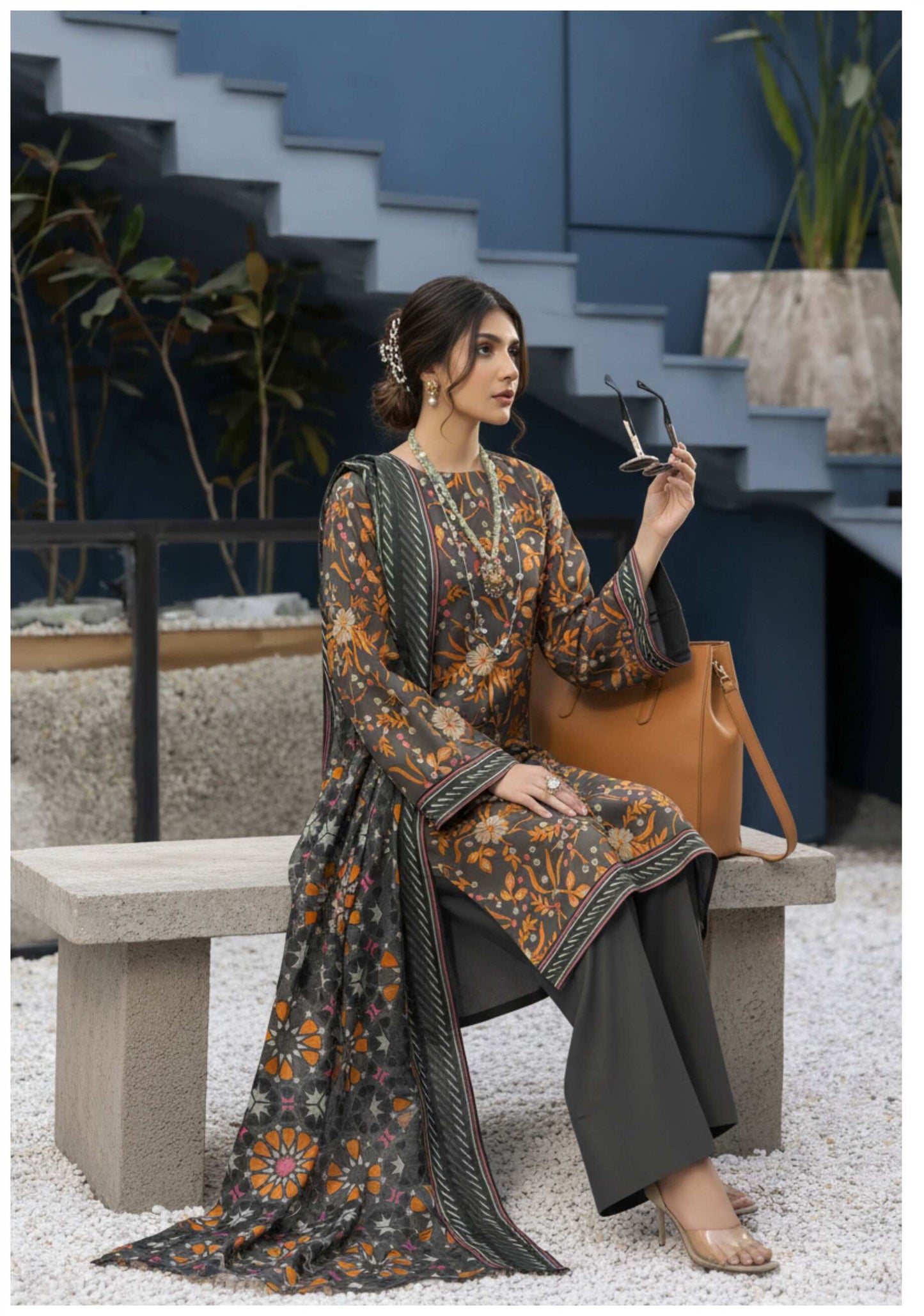 Elegant grey and orange floral printed 3-piece Pakistani suit with intricate embroidery and traditional design, by My Store.