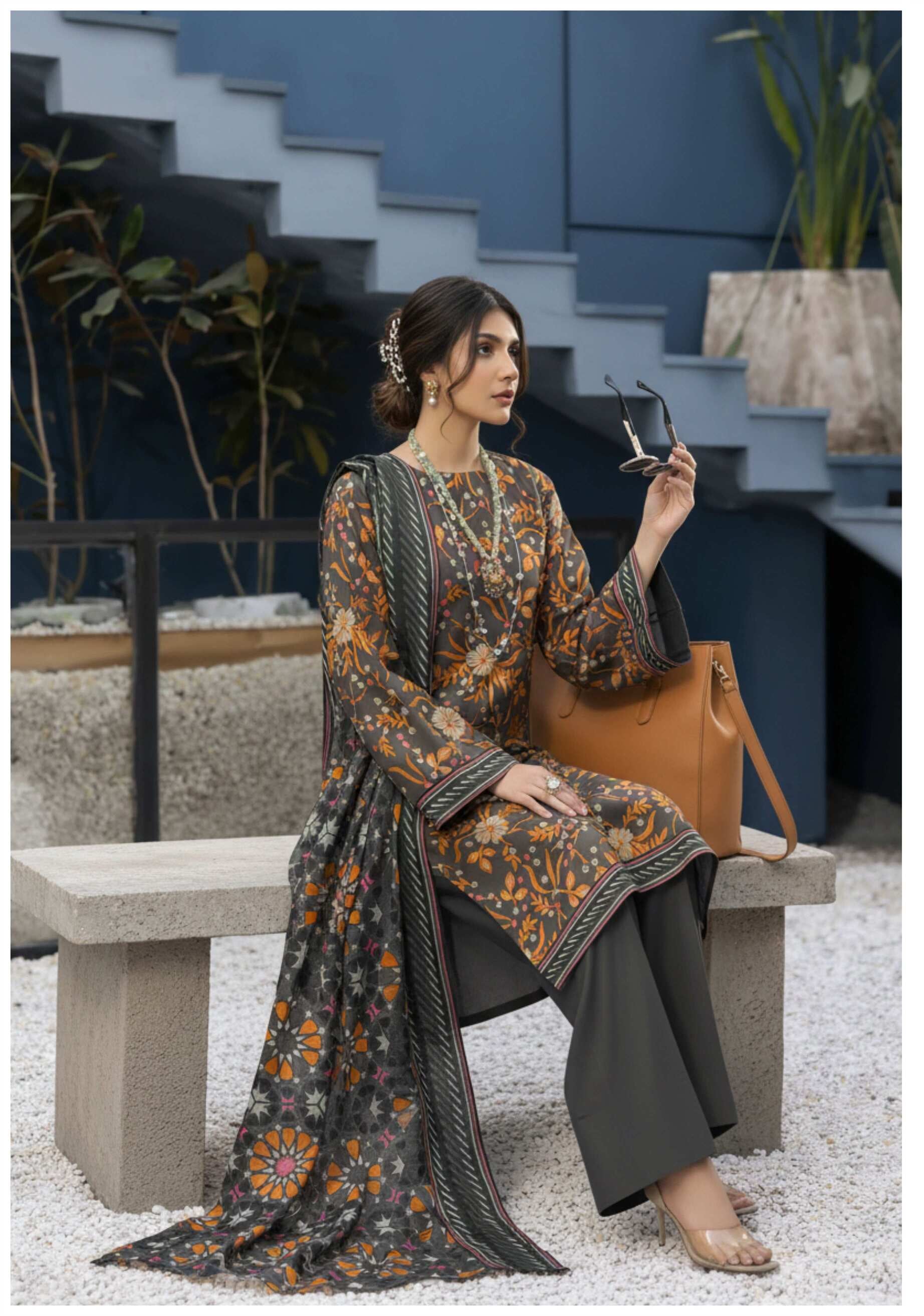 Elegant grey and orange floral printed 3-piece Pakistani suit with intricate embroidery and traditional design, by My Store.