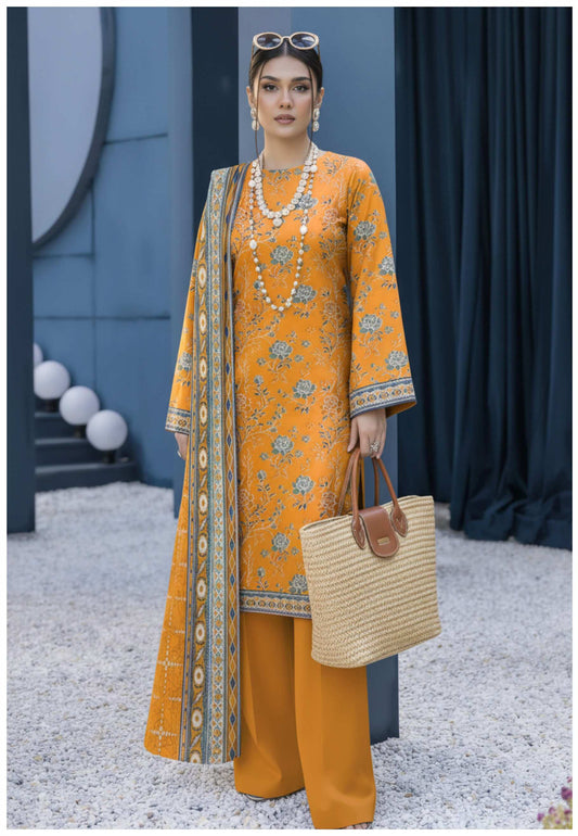 Mustard yellow floral printed 3-piece Pakistani suit with intricate embroidery and elegant design, from My Store collection.