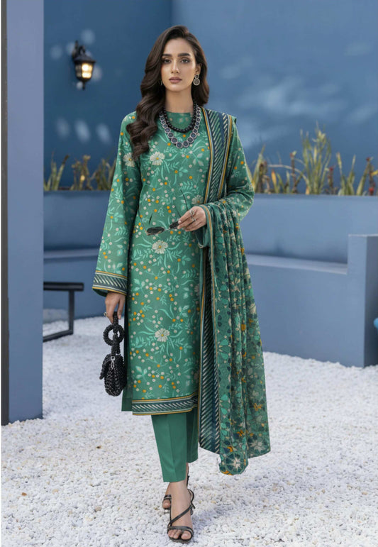 Elegant sea green floral printed 3-piece lawn suit with matching dupatta, featuring intricate design and lightweight fabric.