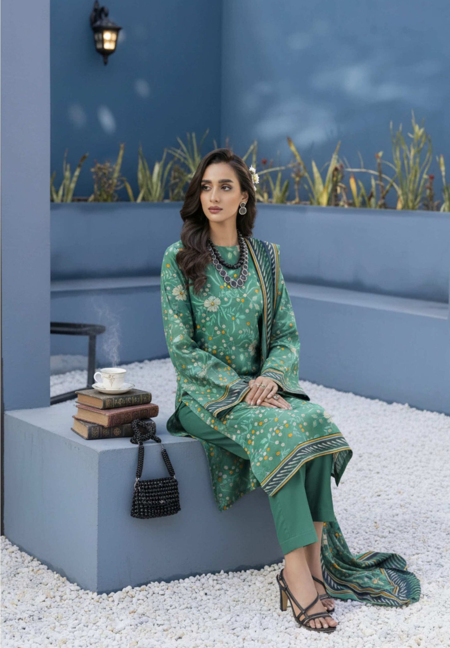 Elegant sea green floral printed 3-piece lawn suit with matching dupatta, featuring intricate design and vibrant colors.